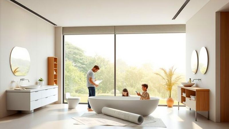 Familia planifica un baño minimalista tranquilo